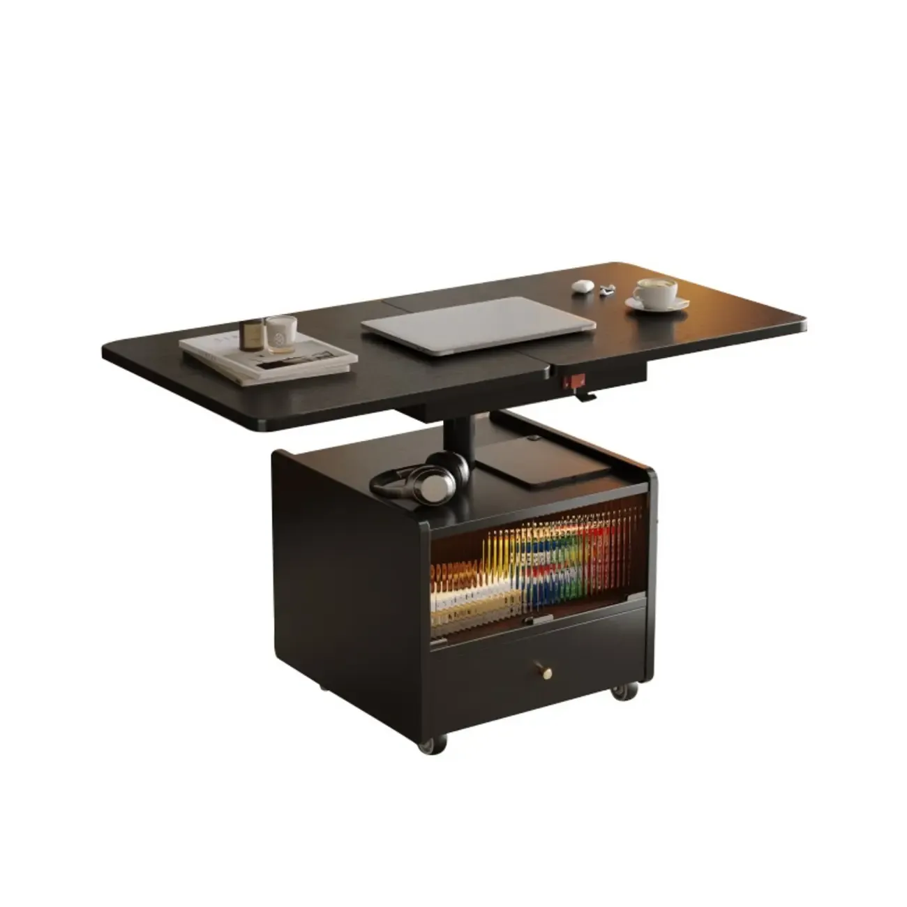 Adjustable Modern Nut-brown Wood Rolling Coffee Table