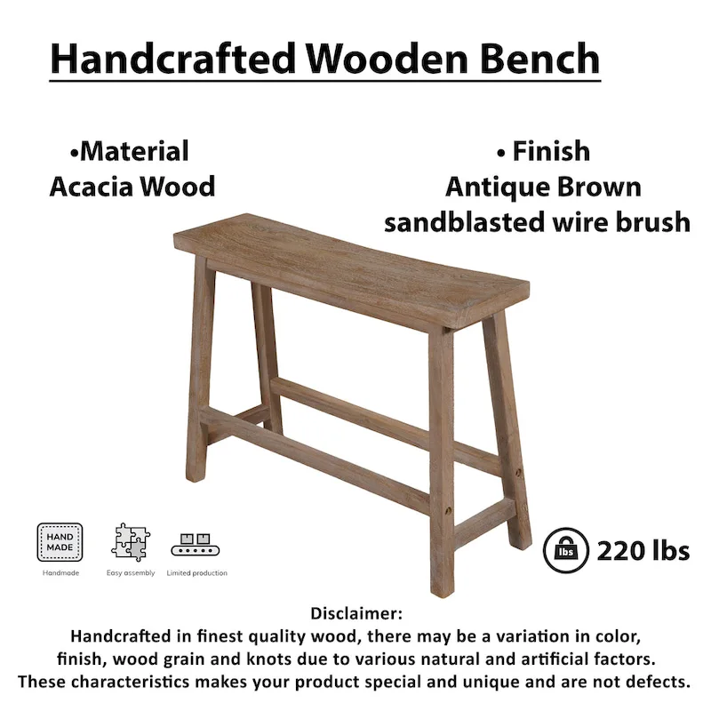 33 Inch Saddle Seat Bench with Angled Frame, Sandblasted Antique Brown Acacia Wood