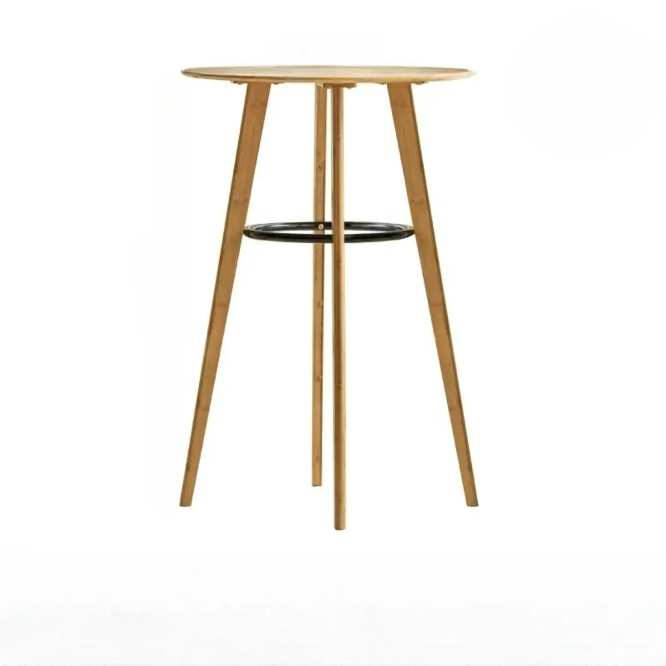 Scandinavian Bamboo Round Pub Bar Table with Black Footrest for Dining