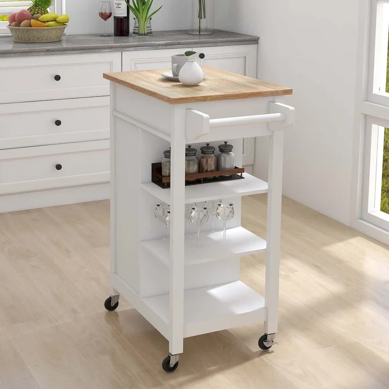 White Rolling Kitchen Island with Towel Rack
