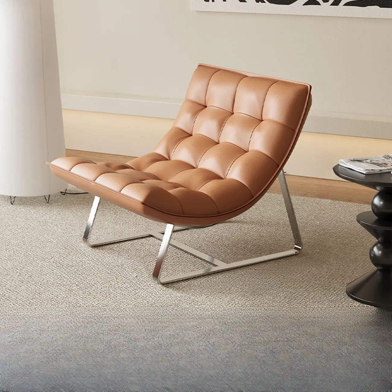 Modern Tufted Leather Accent ArmChair with Ottoman