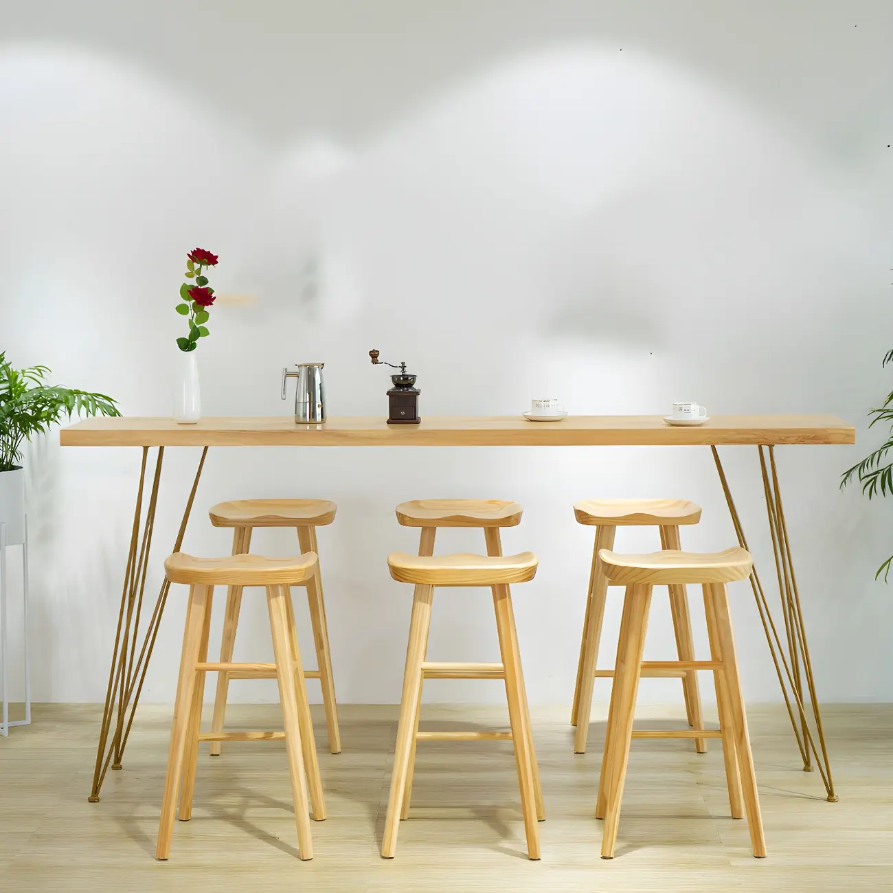 Elegant Long Bar Table with Wooden Stools