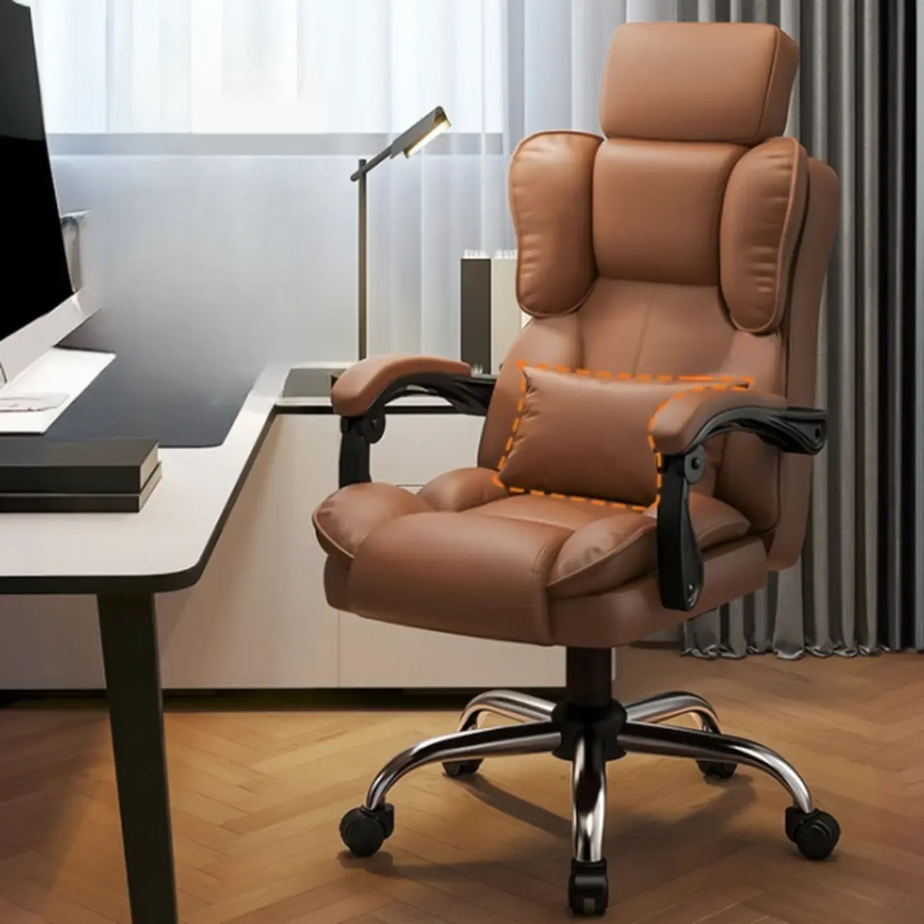 Ergonomic Brown Leather Reclining Office Chair