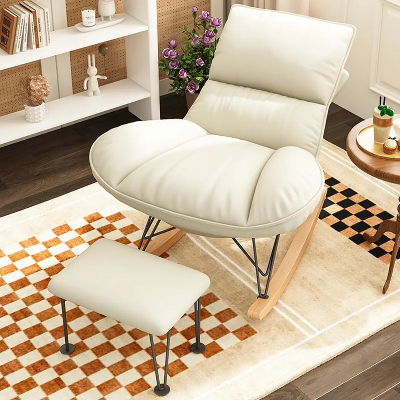 Natural Wood Upholstered Rocking Chair with Ottoman in White