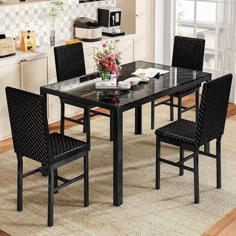 Grondin Modern Style 5-Piece Dining Room Table Set with Tempered Glass Tabletop and 4 Diamond Stitching PU Leather Dining Chairs