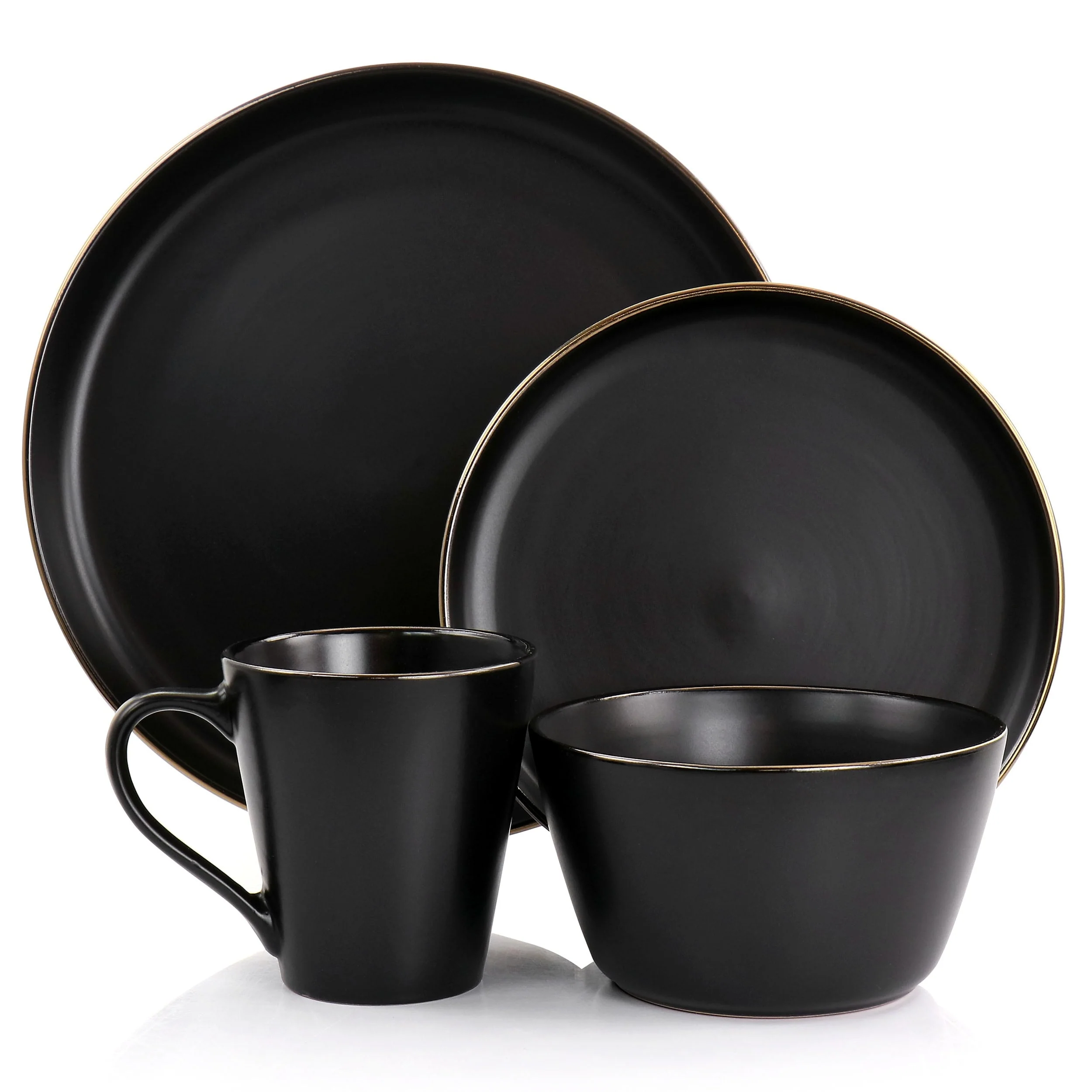 Stoneware Dinnerware 16 Piece Set in Black with Gold Rim
