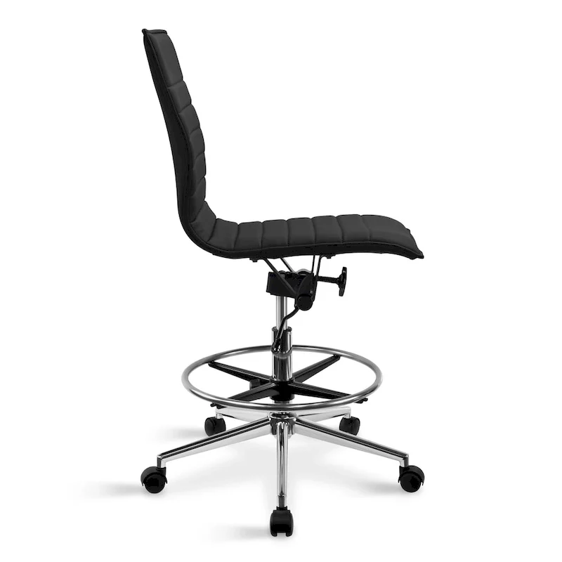 Modern Drafting Chair Upholstered PU Leather Ribbed Armless Mid Back with Tall Adjustable Base & Leg Rest