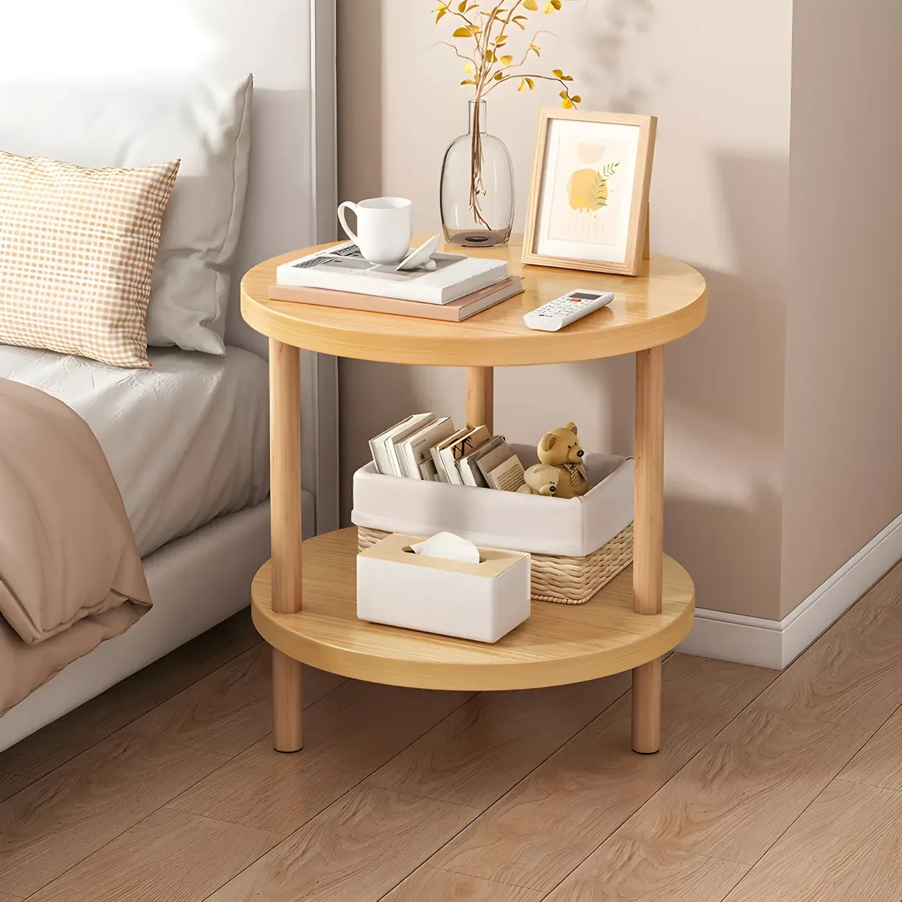 Contemporary Wood Small Round Bedside Table with Shelf