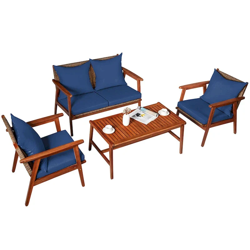 Costway 8PCS Patio Rattan Furniture Set Acacia Wood Frame Cushioned