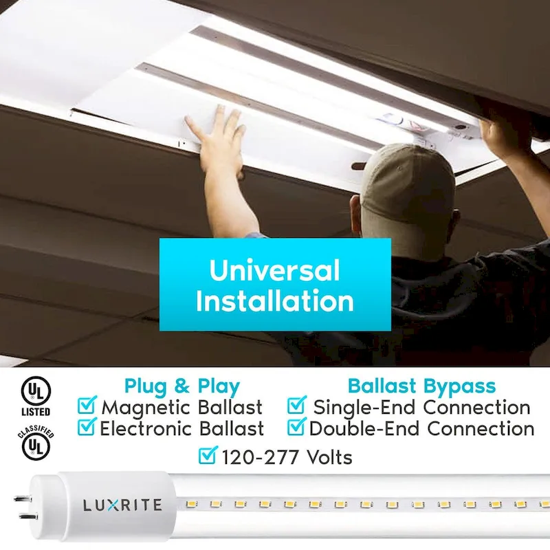 Luxrite 12-Pack 4FT T8 LED Tube Light Ballast and Ballast Bypass 13W=32W Single-End or Double-End Damp Rated UL Listed