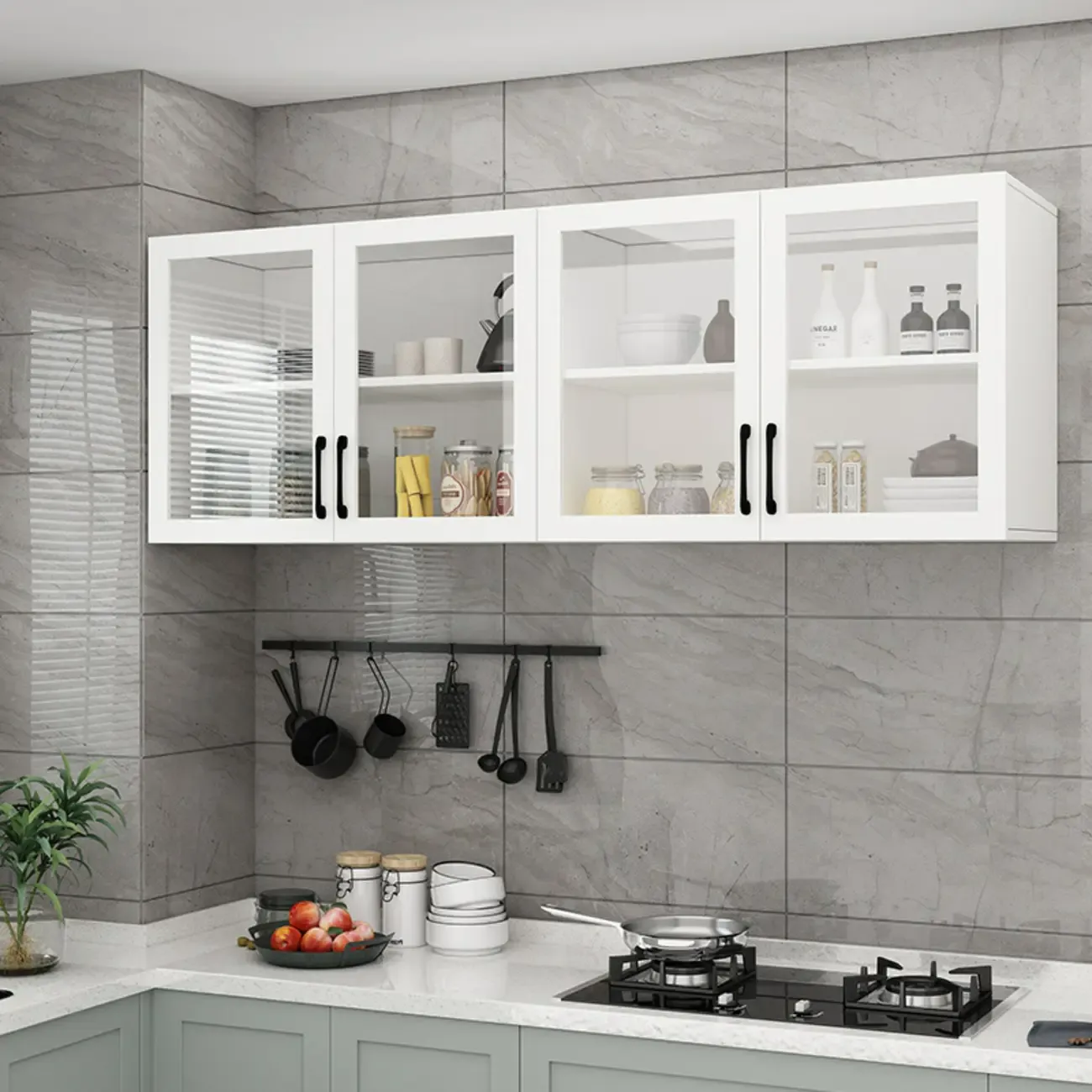Kitchen Floating White Wood Glass Enclosed Display Cabinet