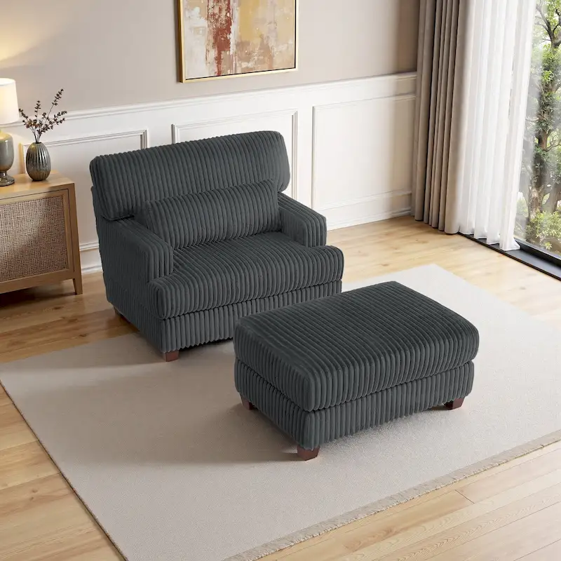 Modern Oversized Plush Corduroy Chaise Lounge Chair with Ottoman