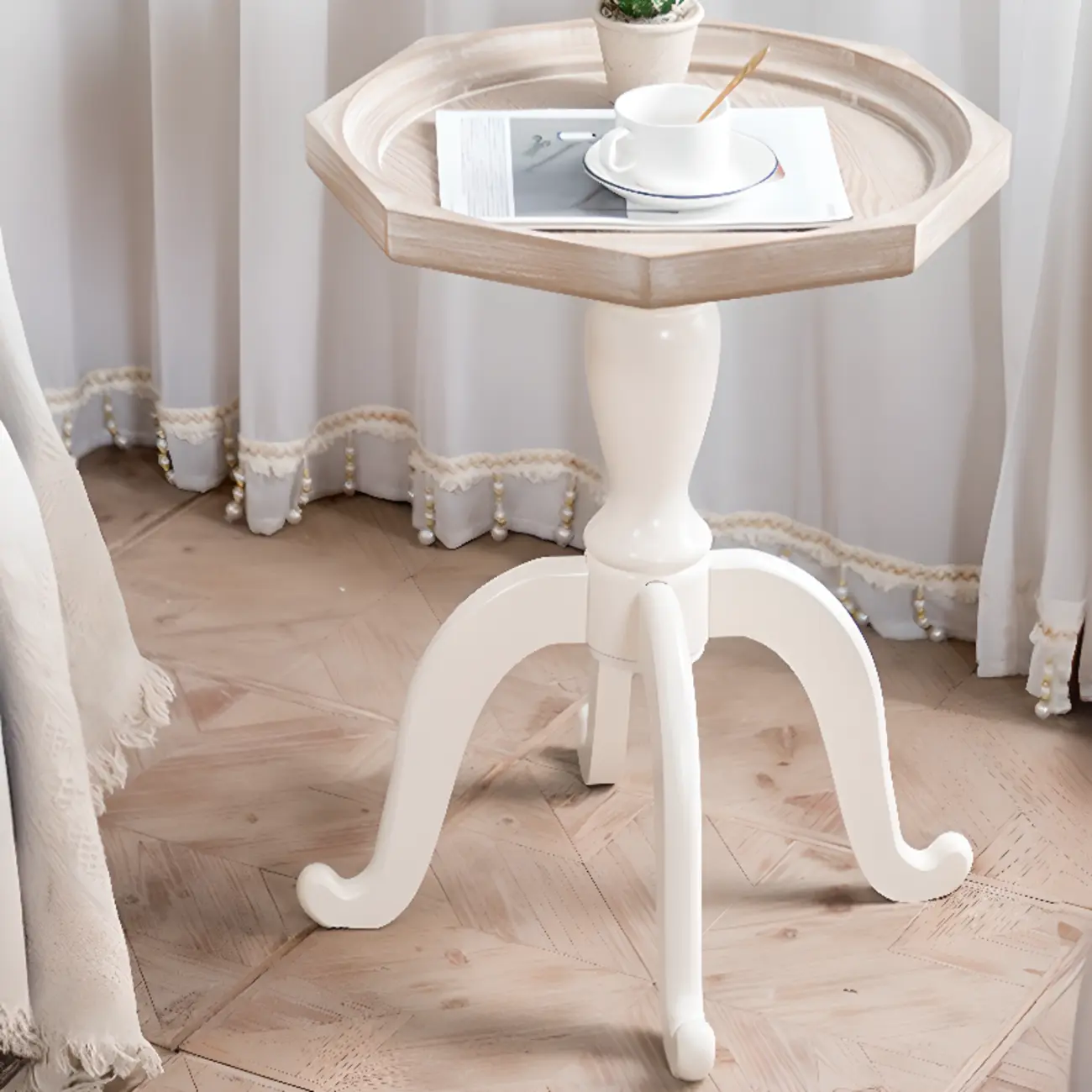 Glam White Wooden Accent Side Table with Tray Top for Bedroom