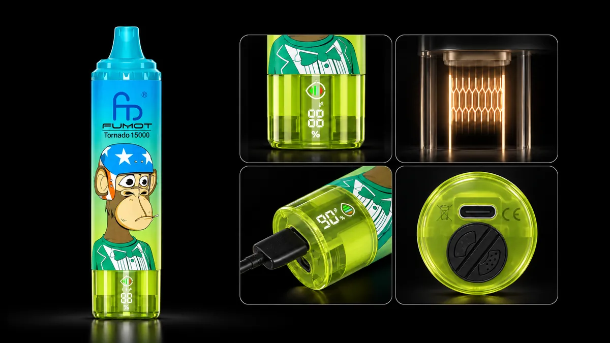 FUMOT Tornado 15000 Gummy Bear – Detailansichten von Display, Heizsystem, USB-C-Anschluss und Luftregulierung