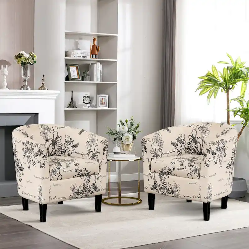 Classic Barrel Accent Chair Upholstered in Soft Polyester Fabric Footrest included