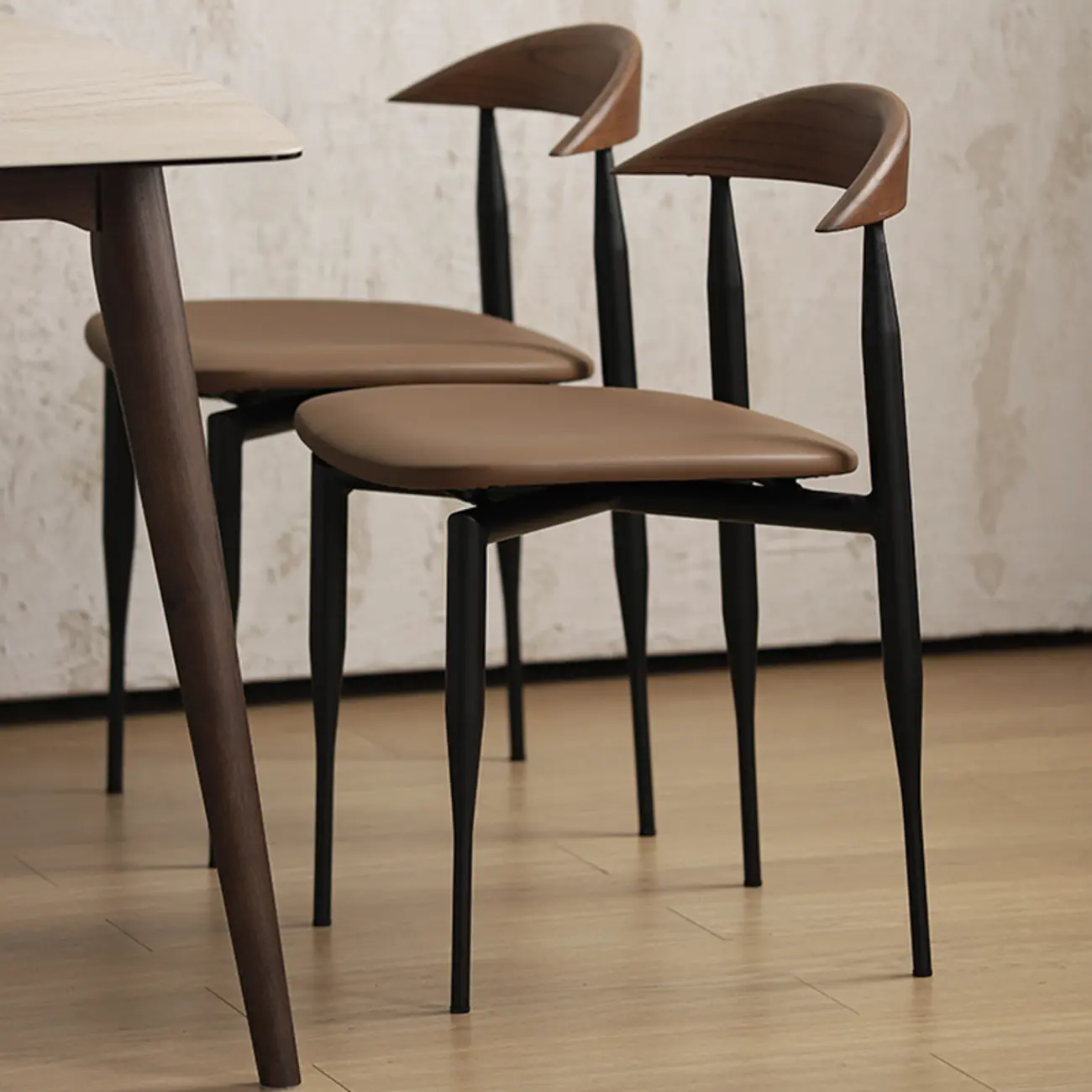 Mid-Century Modern Dining Chair with Black Leather Seat