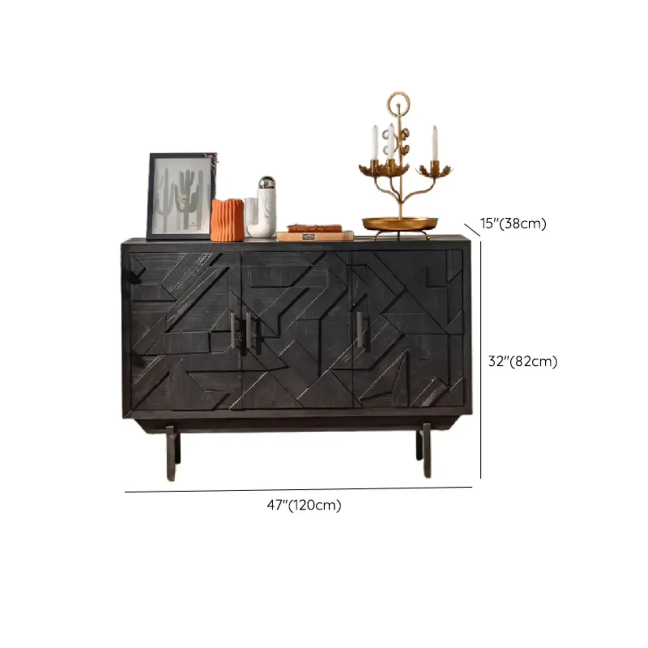 Mid-Century Rectangle Black Distressed Wood Carved Cabinet