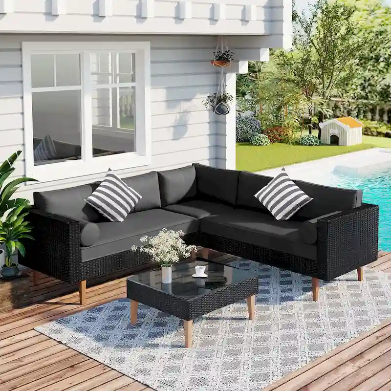 4 Piece Outdoor Furniture Set, All Weather Conversation Set, L-Shape Wicker Sofa Set with Pillows and Coffee Table