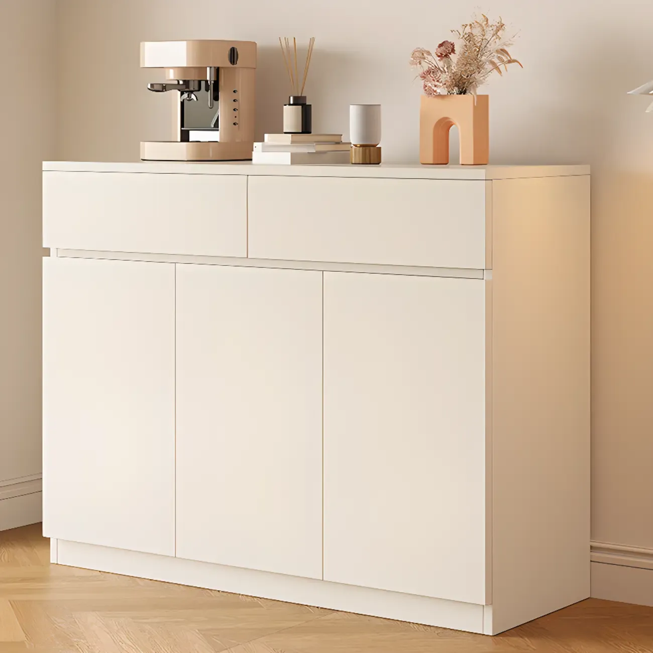 White Wooden Credenza with Drawers and Cabinets