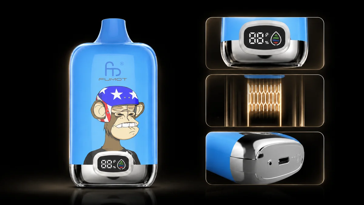 Fumot Digital Box 12000 Blueberry Bubblegum Vape Funktionsdetails mit Display, Mesh Coil und Ladeanschluss