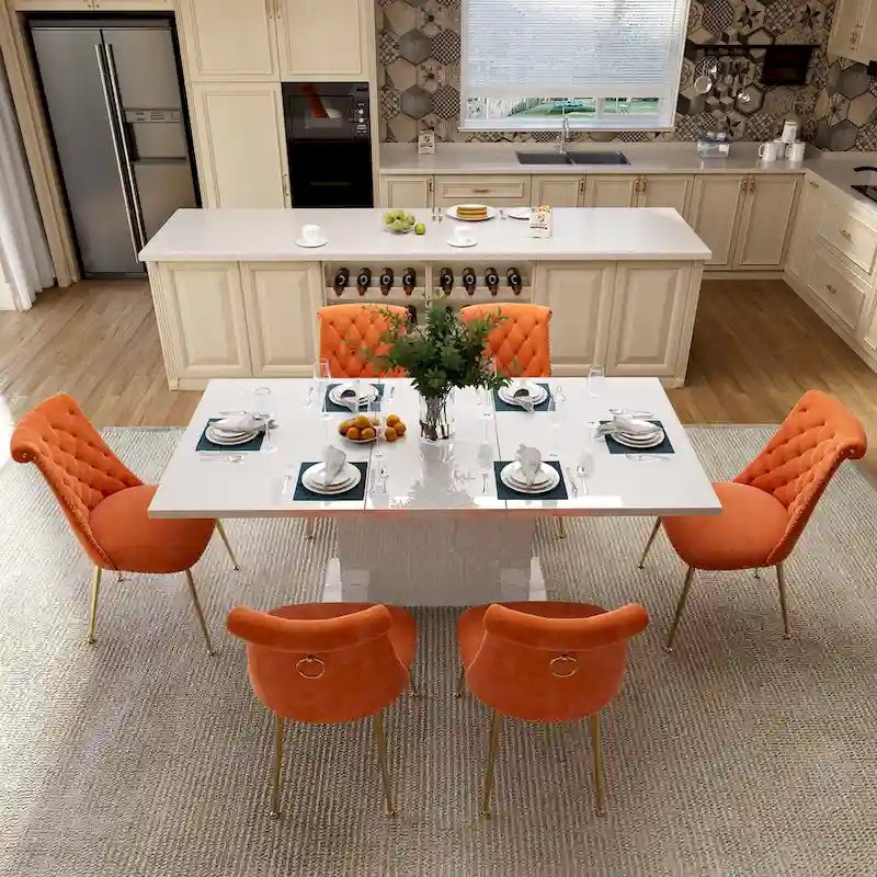 7-Piece Clihome High-gloss Extendable Table Velvet Chair Dining Set