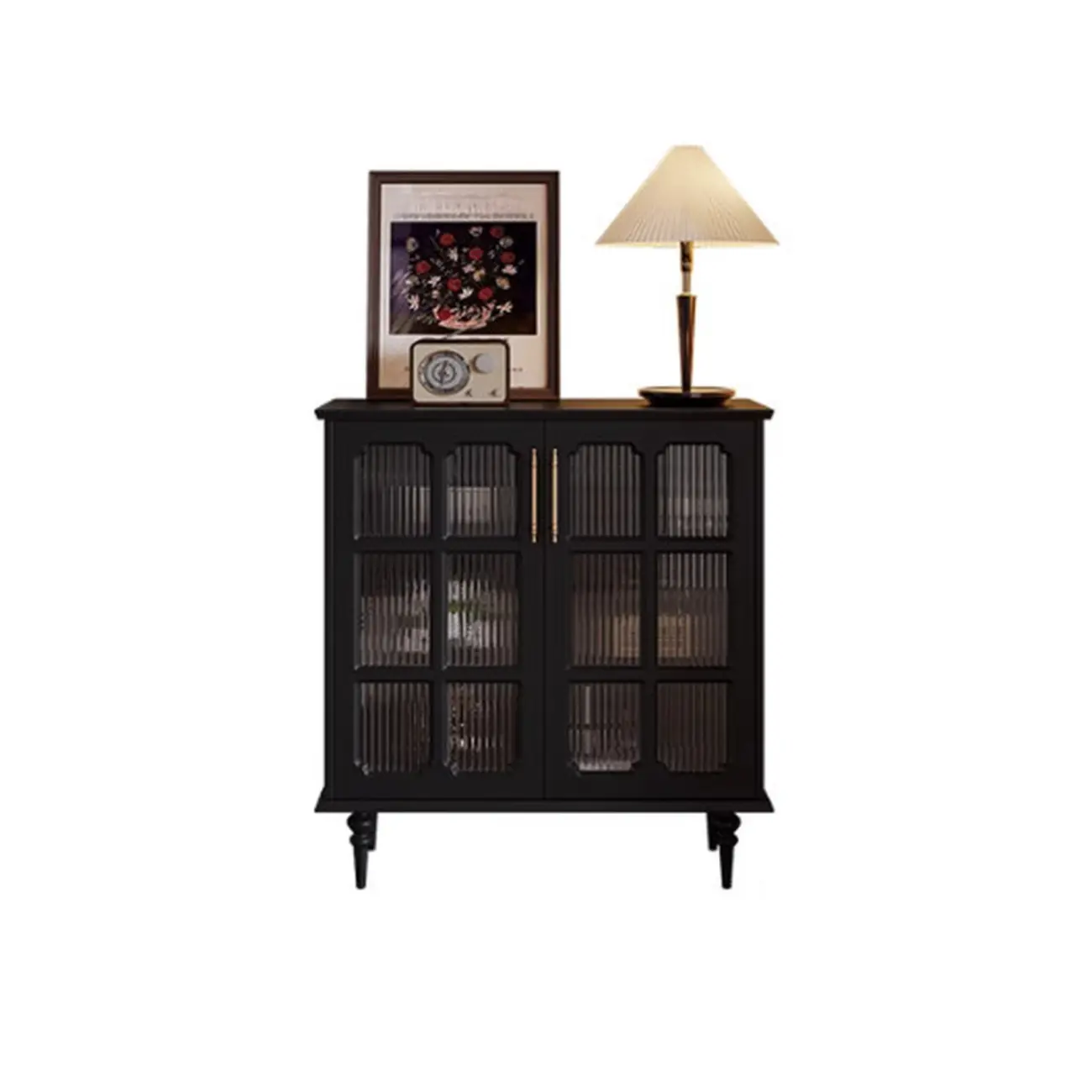 Modern Black Wood Fluted Glass Storage Cabinet for Living Room