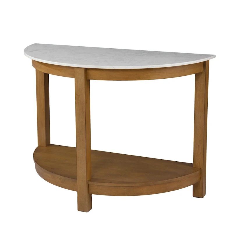 White Faux Marble Half Circle Console Table with Shelf and Wood Base - 41.75 L x 20 W x 30.25 H