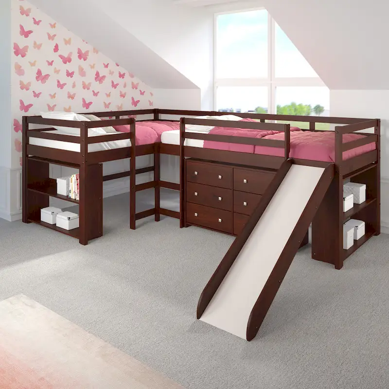 Double Twin L-Shaped Slide Loft Bedroom Set in Dark Cappuccino