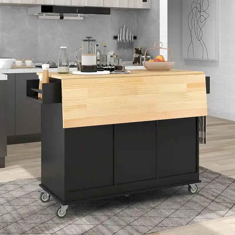 Rolling Mobile Kitchen Island with Wheels Drop Leaf, Solid Wood Top