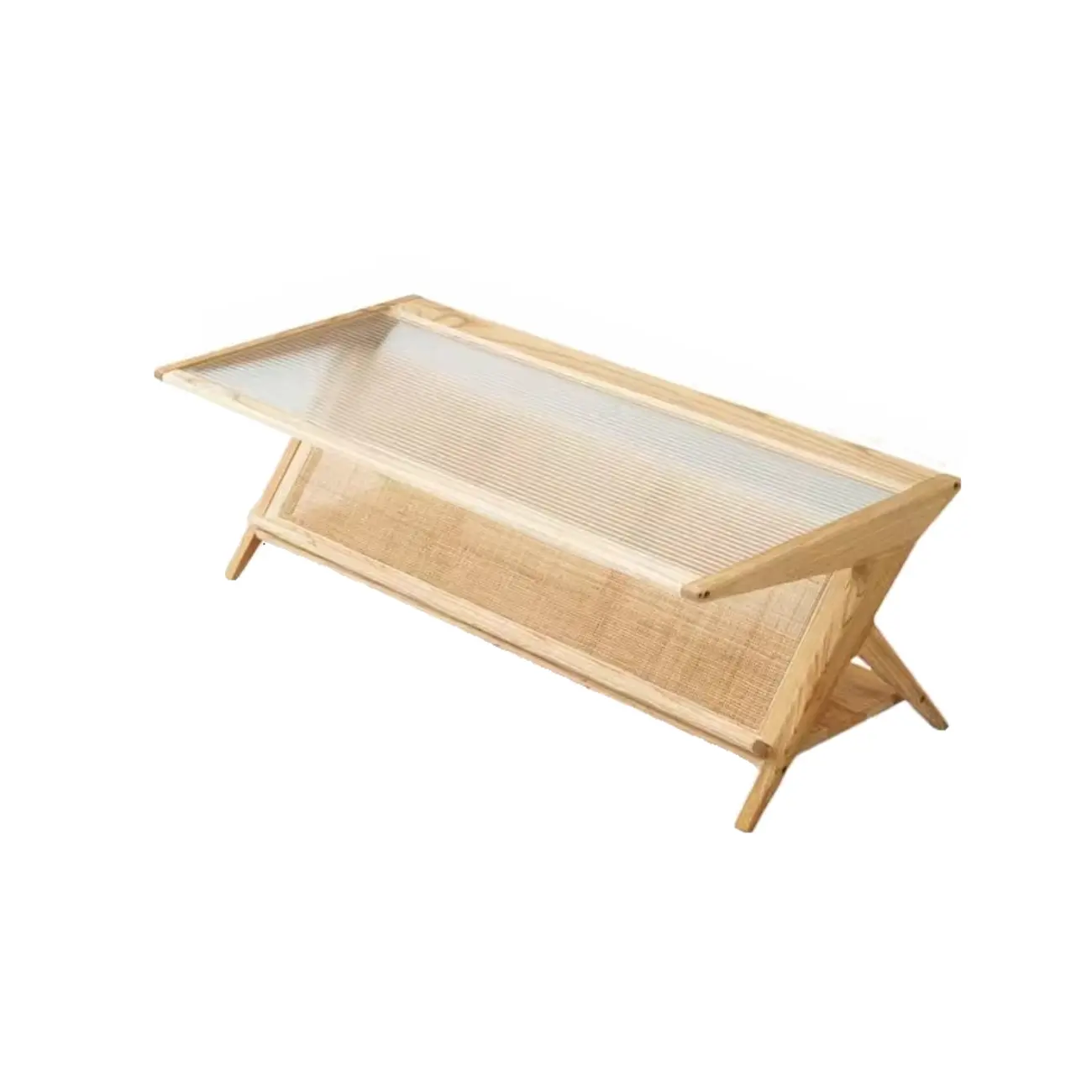 Modern Brown Rectangle Glass Wood Coffee Table with Shelf