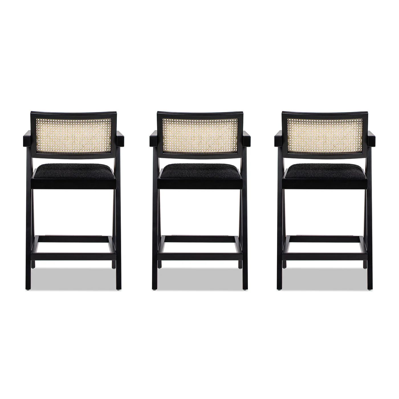 Milan 25.5' Modern Resin Webbing Back Boucle Bar Stool with Arms, Set of 3
