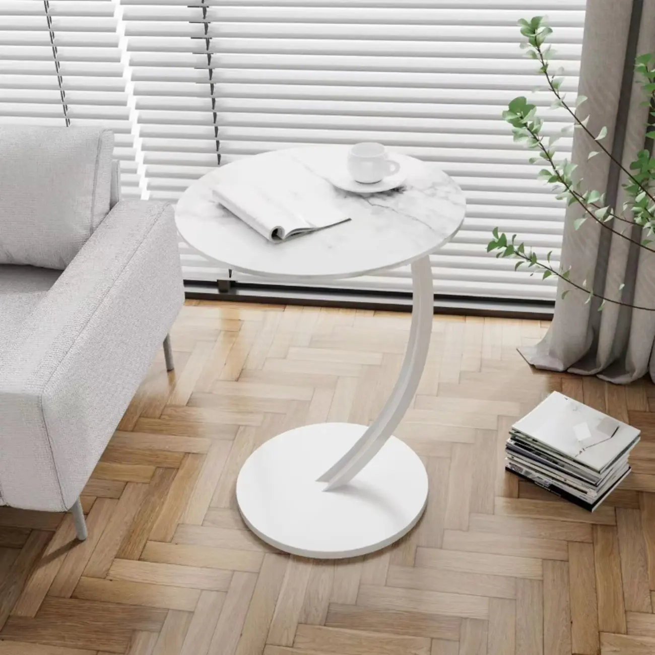 Modern Wood Round Top Triangular Silver Side Table