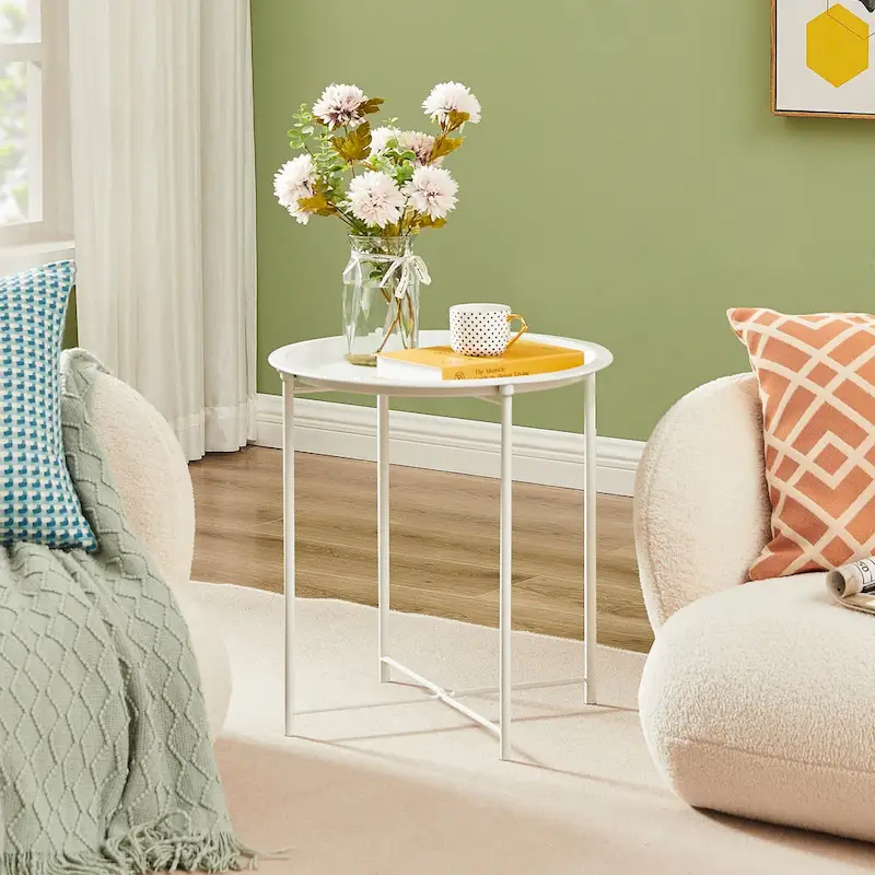 VECELO Modern Side Table with Round Removable Tray,Beige (Set of 1/Set of 2)