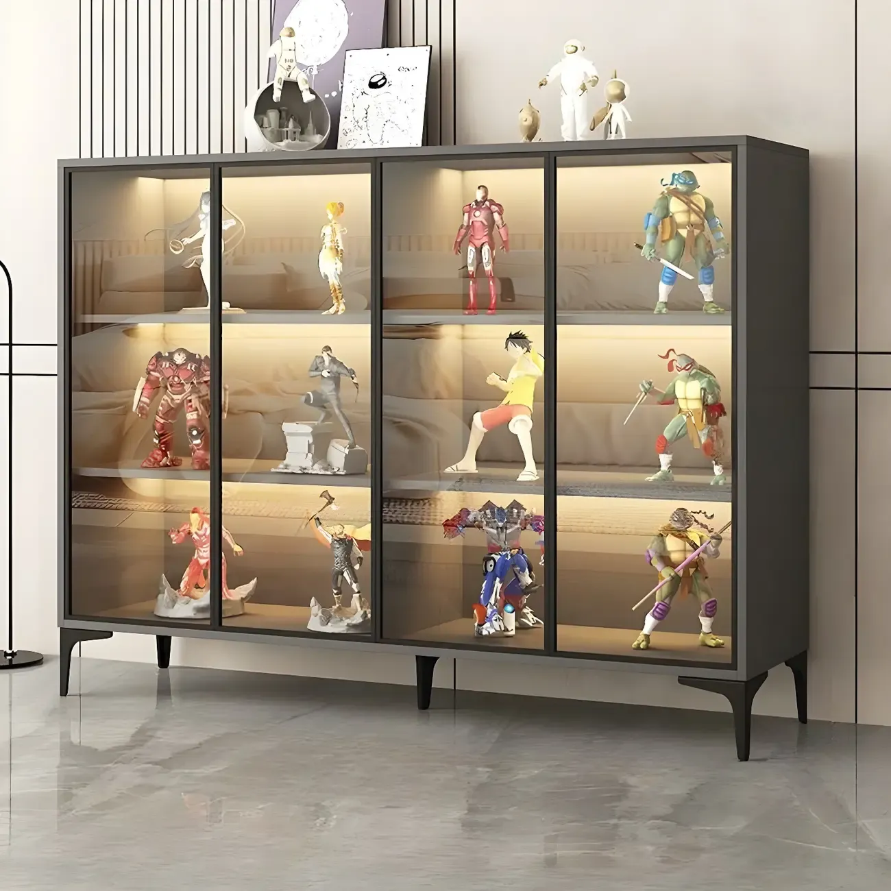 Freestanding Black Tempered Glass Wood Display Cabinet