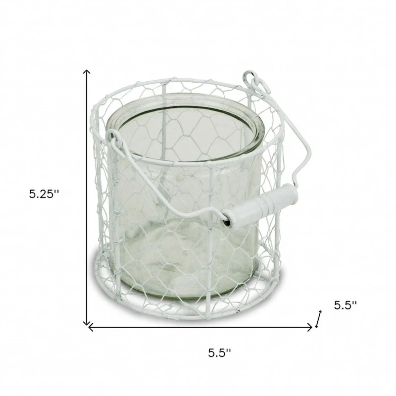 HomeRoots 5.25 White and Clear Wire Basket and Glass Jar - 5.25  H x 5.5  W x 5.5  D