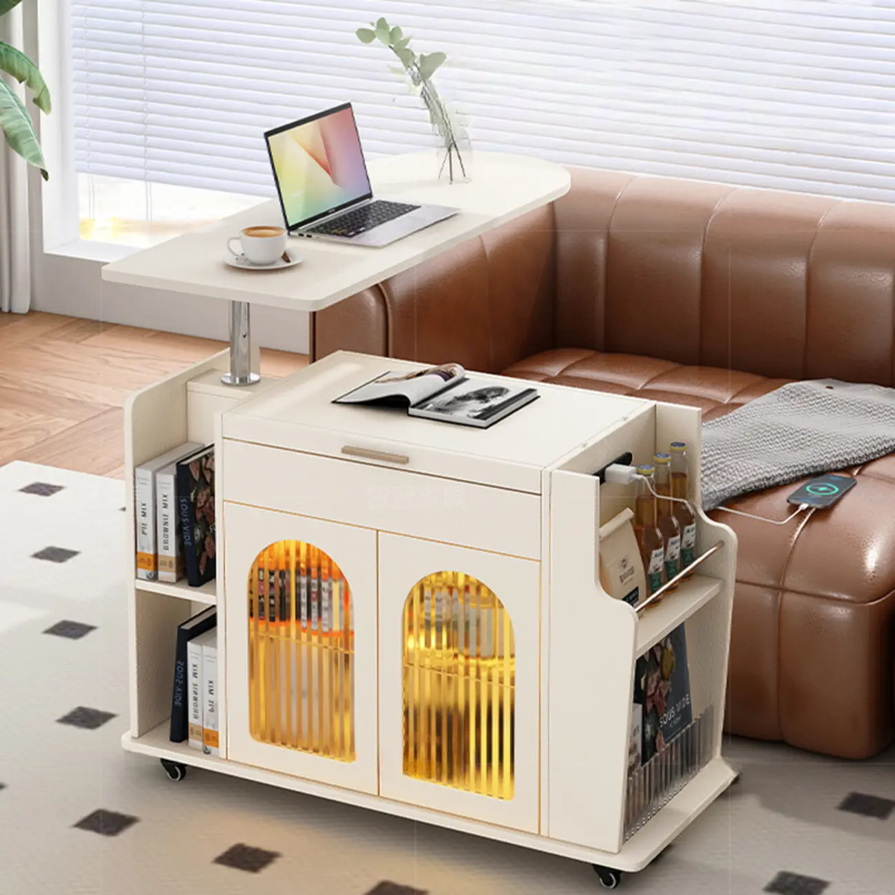 Adjustable White Wood Multi-Functional Side Table with Wheels