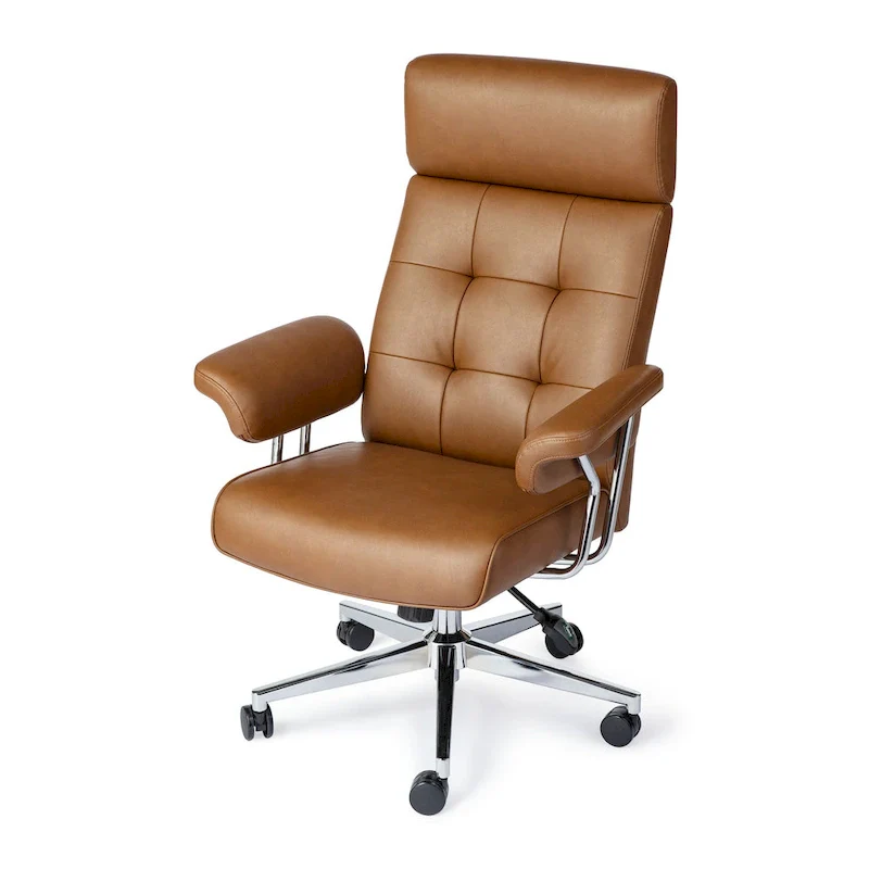 Glitzhome Mid-Century Modern Brown Leatherette Gaslift Adjustable Swivel High Back Office Chair with Armrest