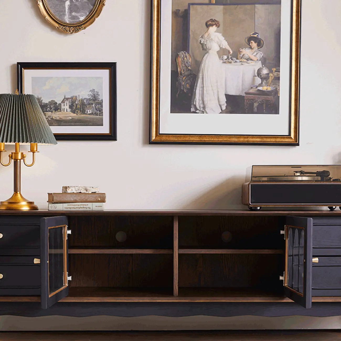 Cable Management Art Deco Wood TV Stand with Drawers
