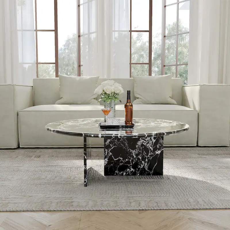 35.43Modern Round Coffee Table,Glossy Faux Marble Table top