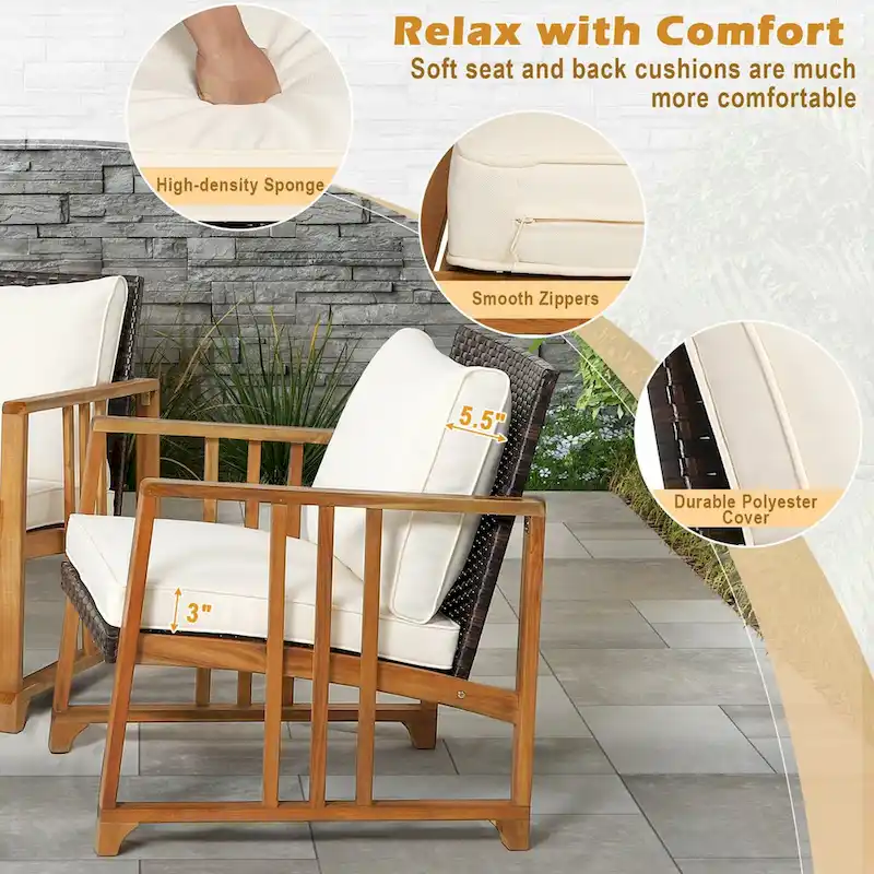 Costway 4PCS Patio Mix Brown Wicker Sofa Set Acacia Wood Frame with - See Details