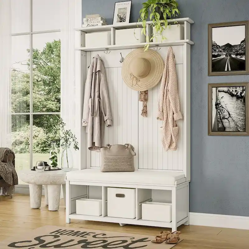 John Louis Home Solid Wood Hall Tree with Shoe and 1 Bin Storage