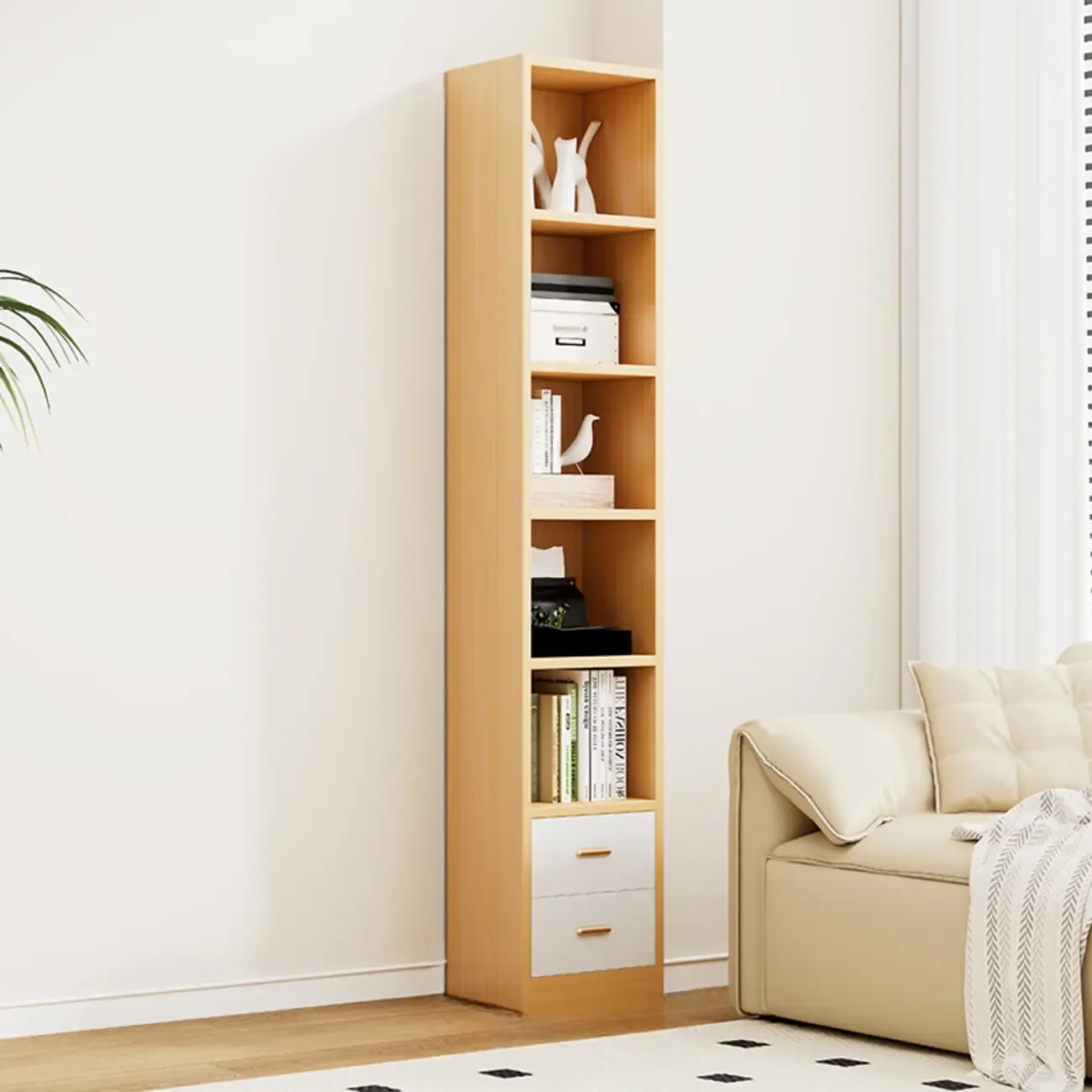Natural Finish Narrow 6 Shelves Wooden Bookcase with Drawer