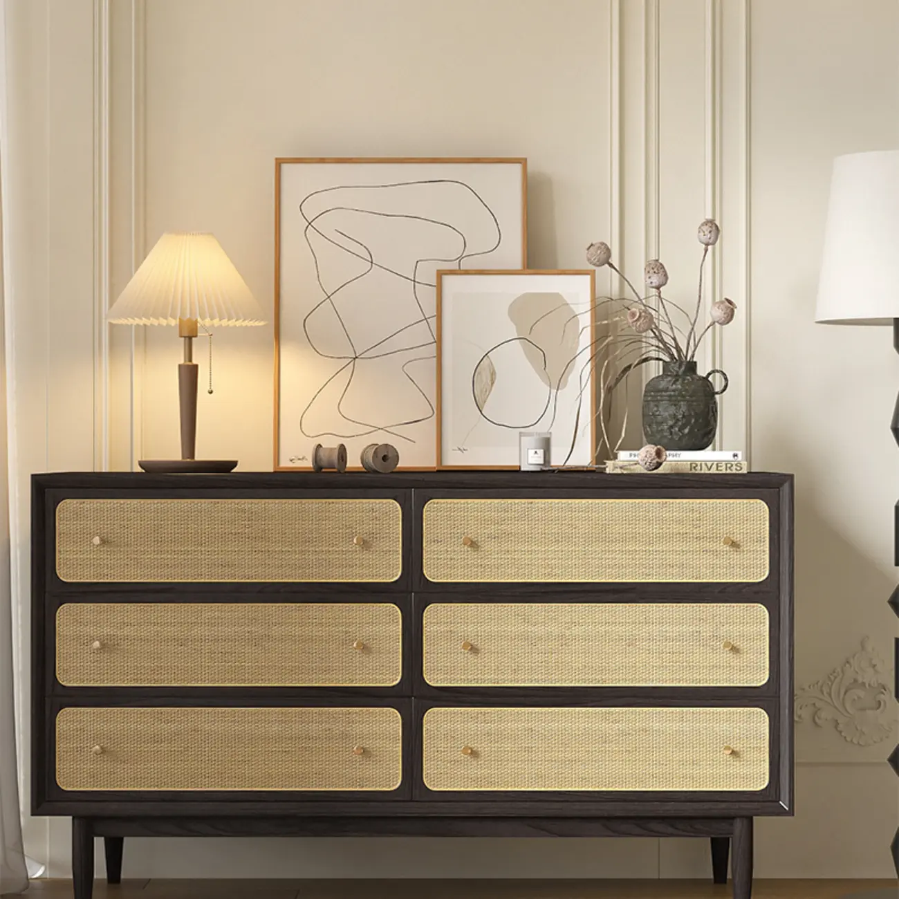 Tropical Wooden Dresser with Drawers and Gold Handles