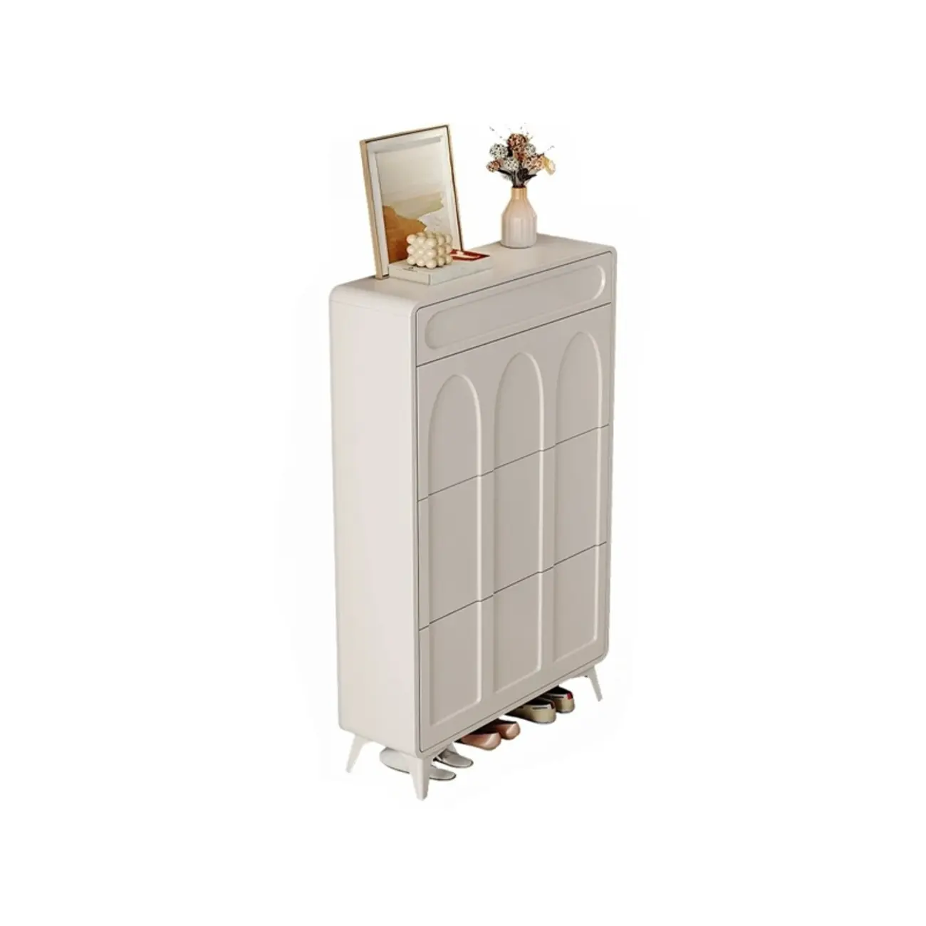 Vertical Slim White Wooden Drop Front Shoe Cabinet