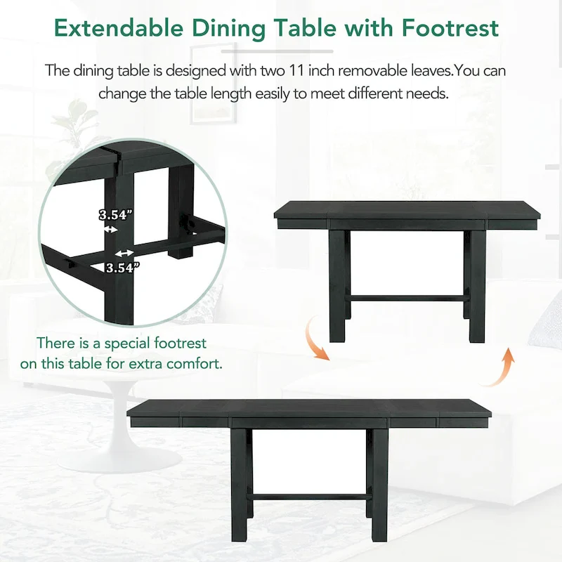 6-Piece Dining Table with Footrest, 4 Chairs and Dining Bench, Two 11 Removable Leaf
