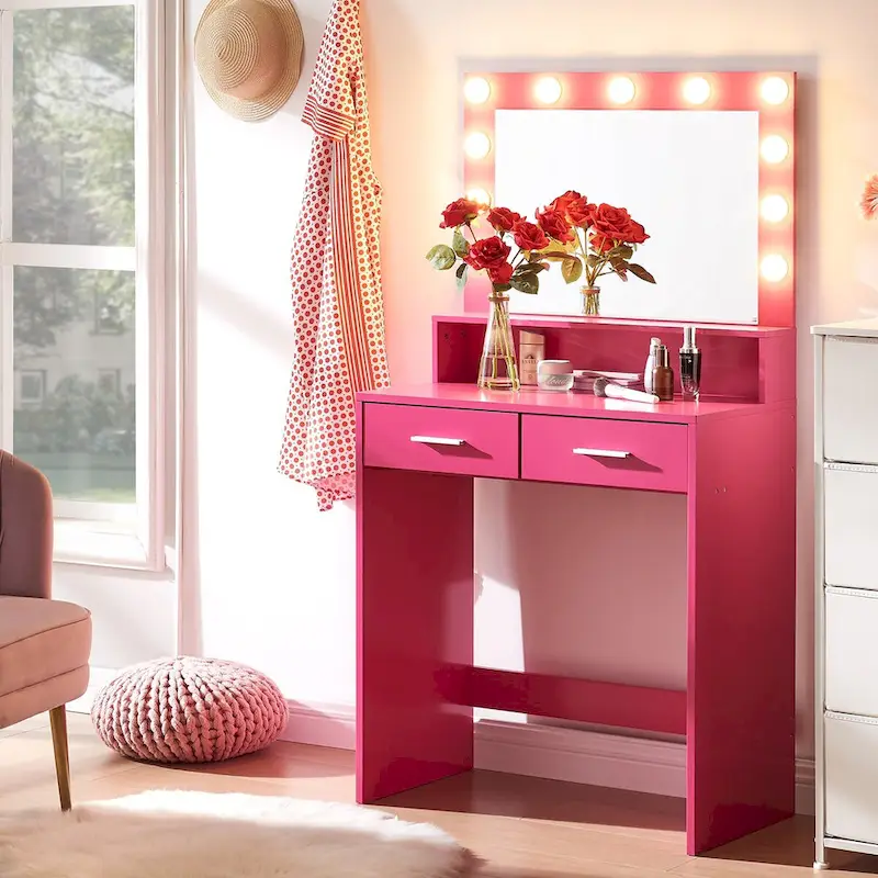 Roomfitters Makeup Vanity with Lights, Vanity Desk with 2 Drawers, Dressing Table with Mirror, Vanity Desk with Storage