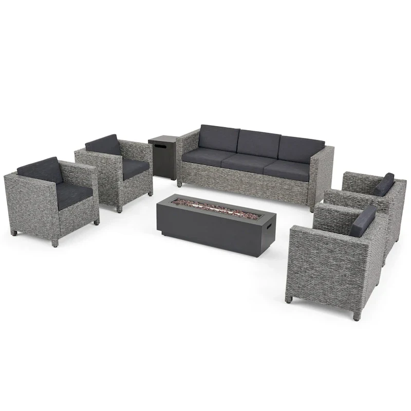 Hegseth Wicker/Iron 7-piece Chat Set with Fire Pit by Christopher Knight Home
