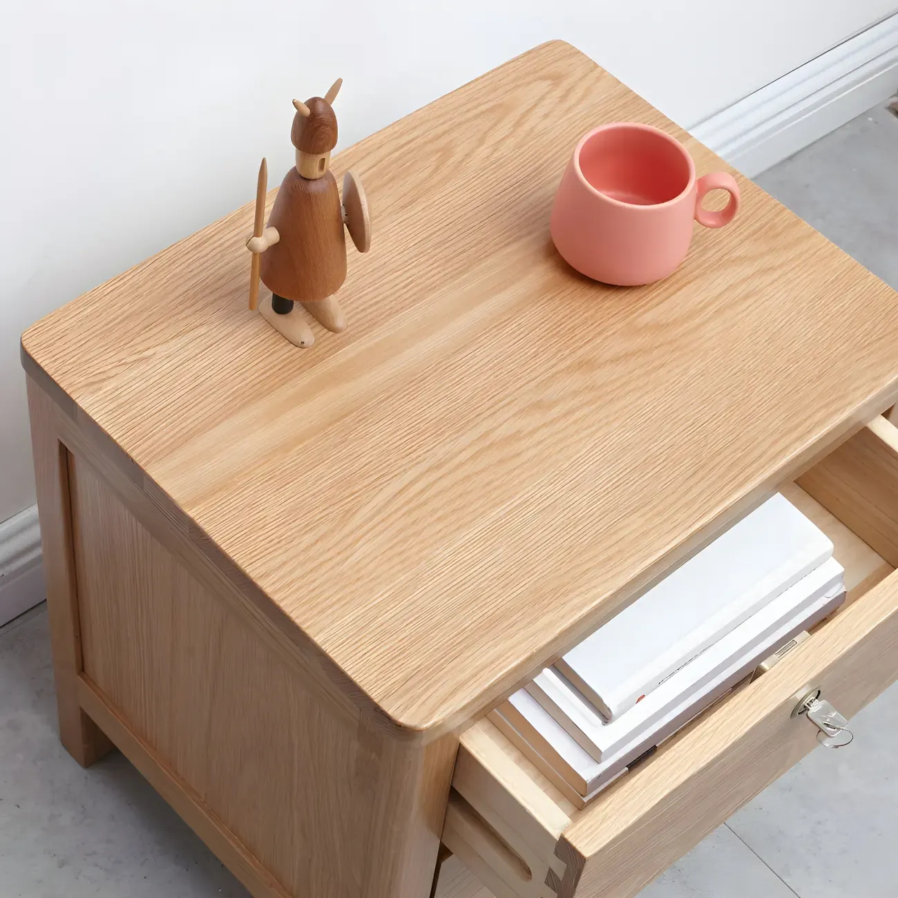 Scandinavian Oak Wood Narrow Locking Nightstand