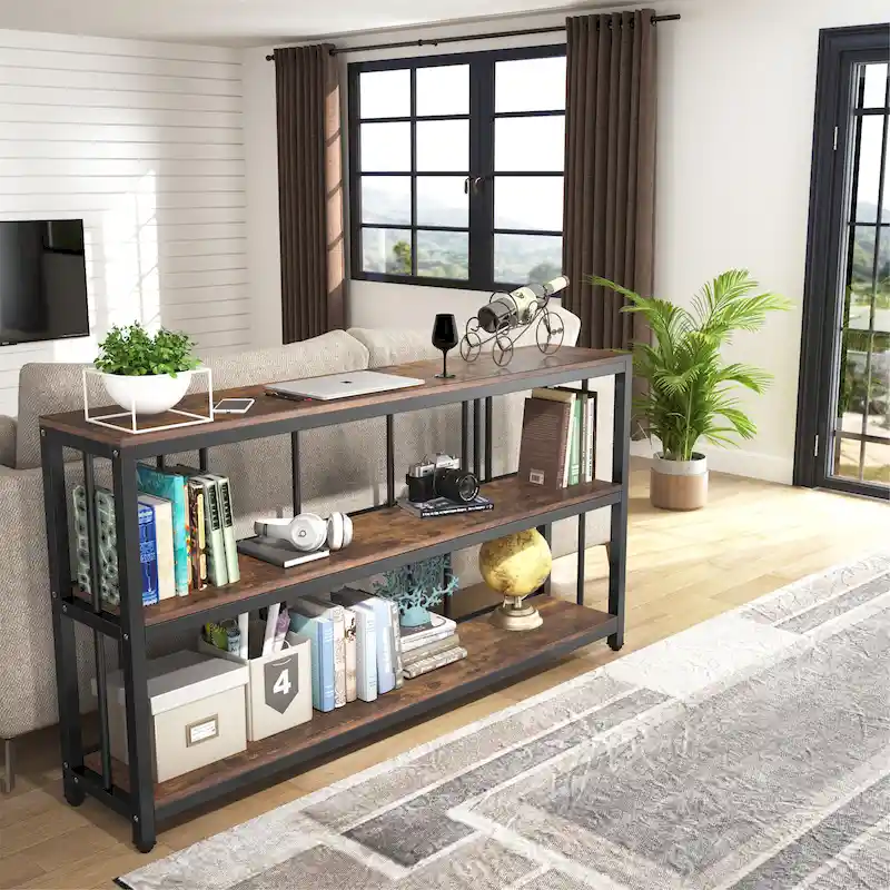 Vintage Brown 3 Tiers Console Table, 70.9 Narrow Long Sofa Accent Tables for Small Space