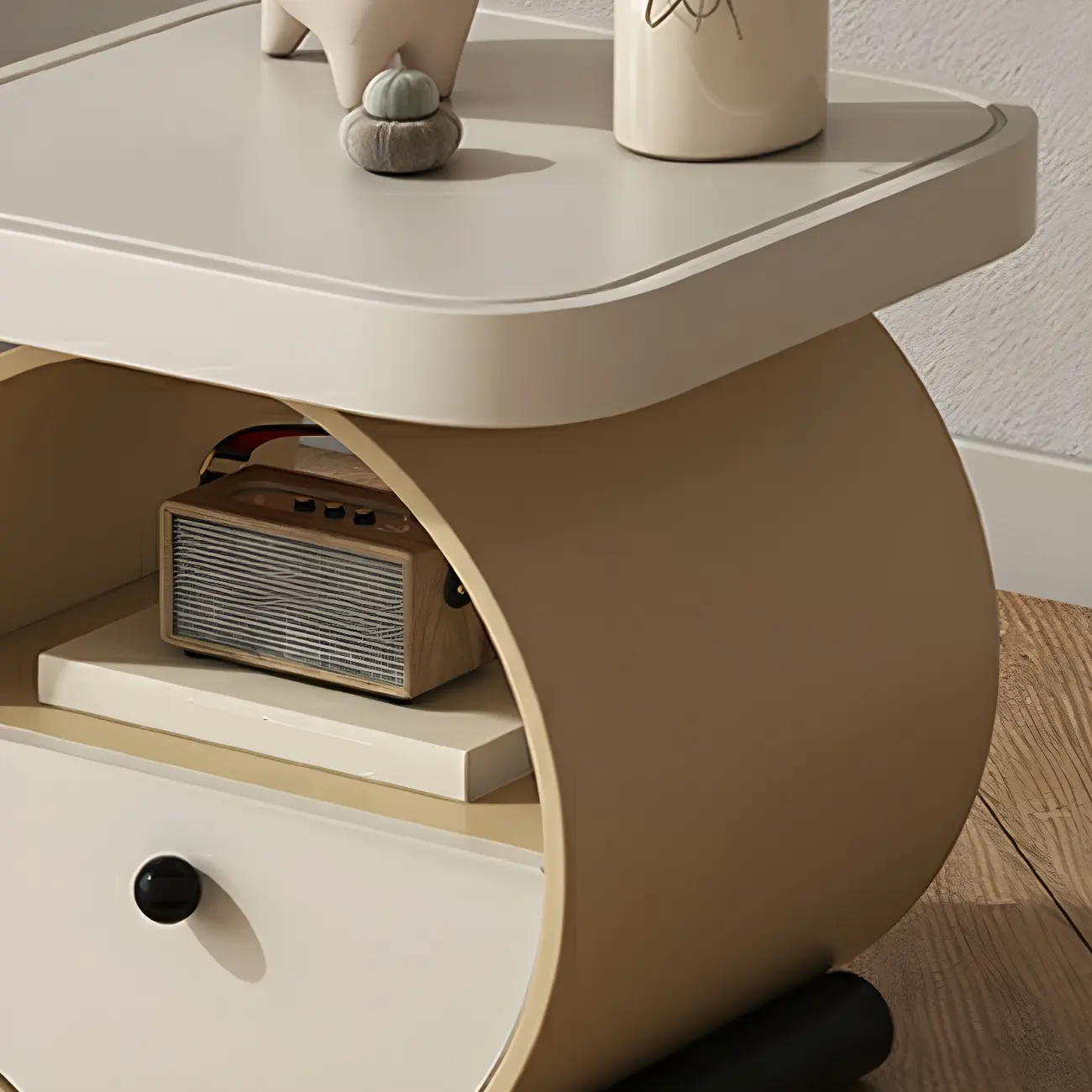 Khaki Beige Round Wooden Nightstand with Shelf & Drawer